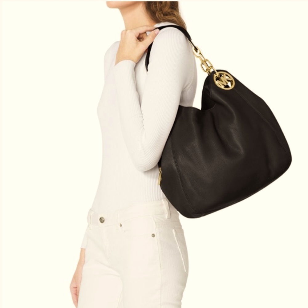 Michael Kors Fulton Hobo Black Gold Leather Tote